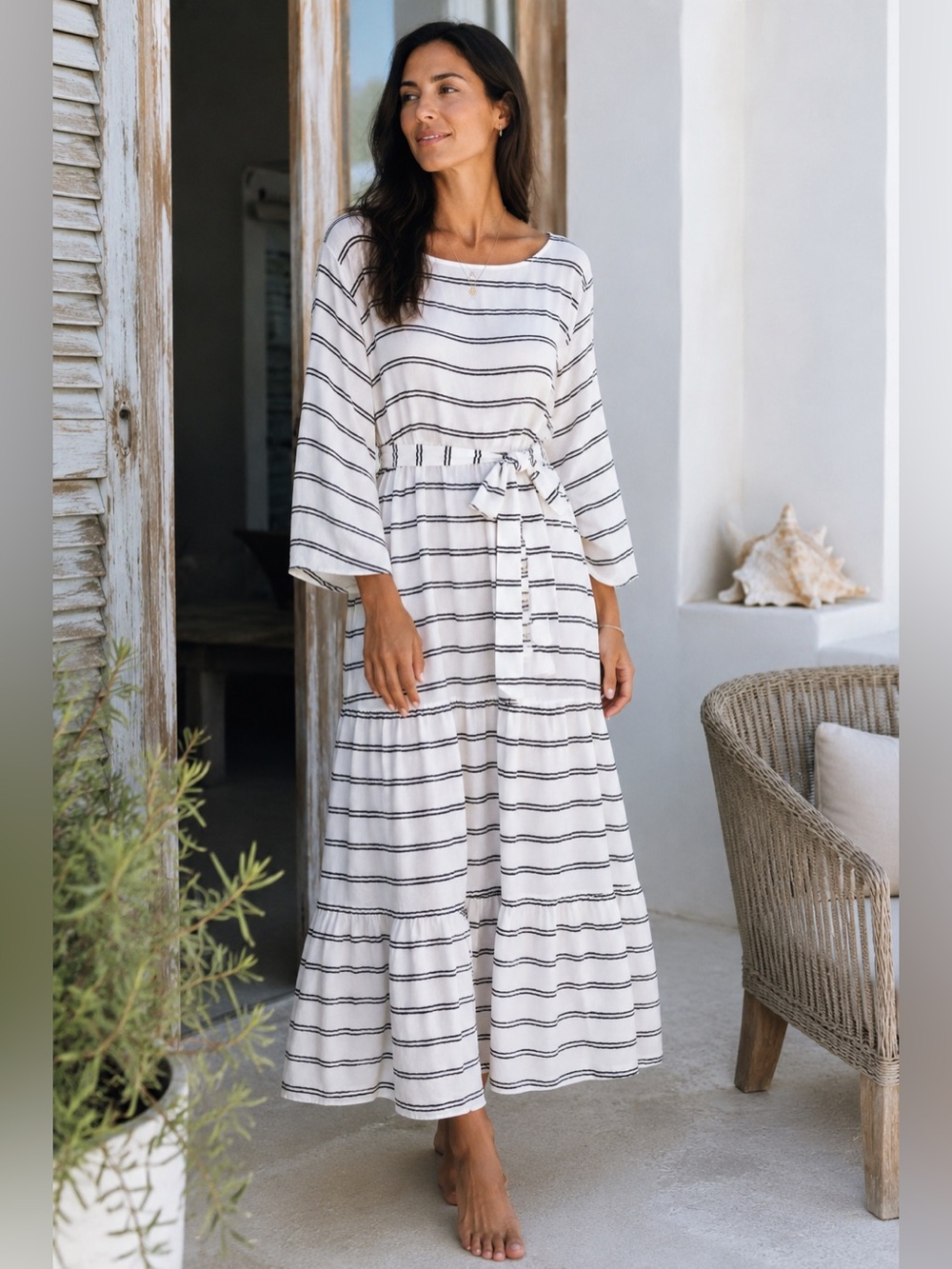 Lisa Marie Fernandez Silk Linen Blend Striped Maxi Belted Dress Resort Boho Sz 3